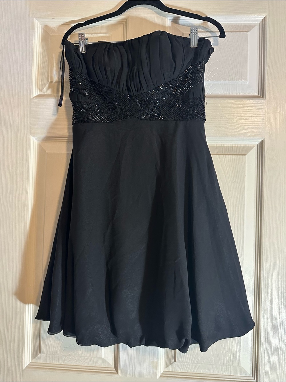 ECI Black Strapless Prom Dress with Beaded Waist